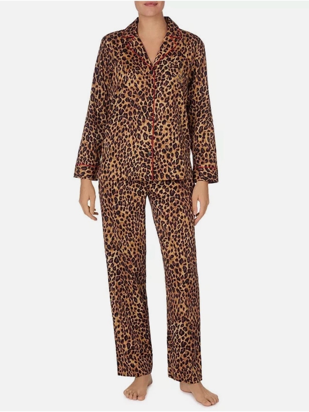Lauren Ralph Lauren Leopard Pajama Set M 100% Cotton Button Lounge Sleepwear